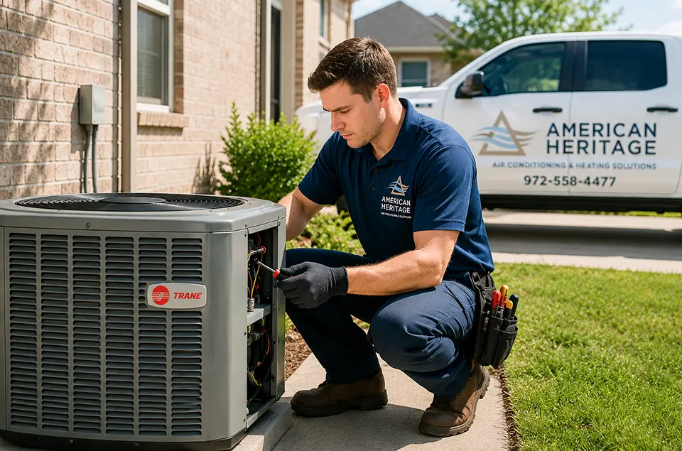 A technician from American Heritage Air installs a brand new Trane AC unit for a customer.