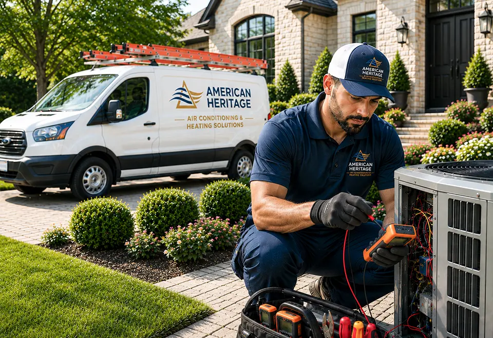 Technician repairs an air conditioner for a customer.