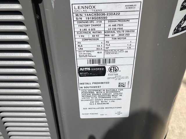 Lennox Model Number