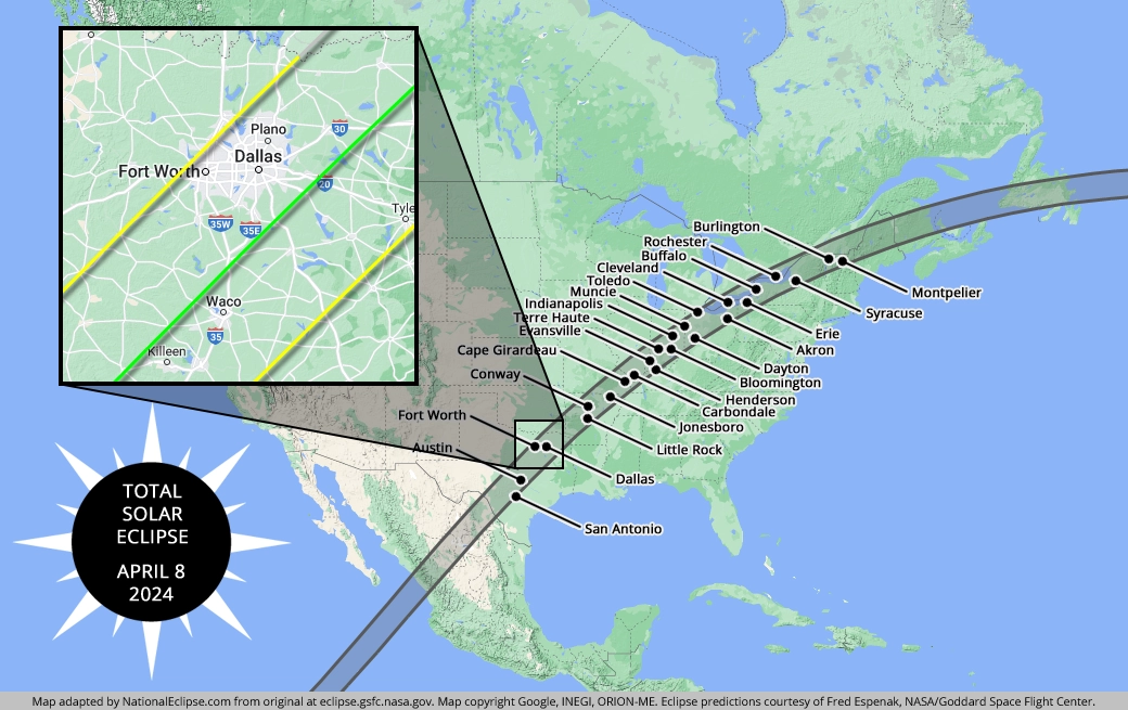 Map of the path of the 2024 total solar eclipse