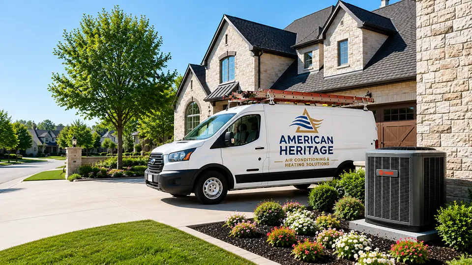American Heritage Air work van parked in front of a customer's home.